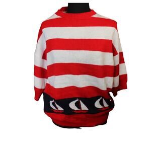 Vintage‎ Indian Harbour Sweater Made in USA 3/4 Sleeve Red  Sailboat Size Large